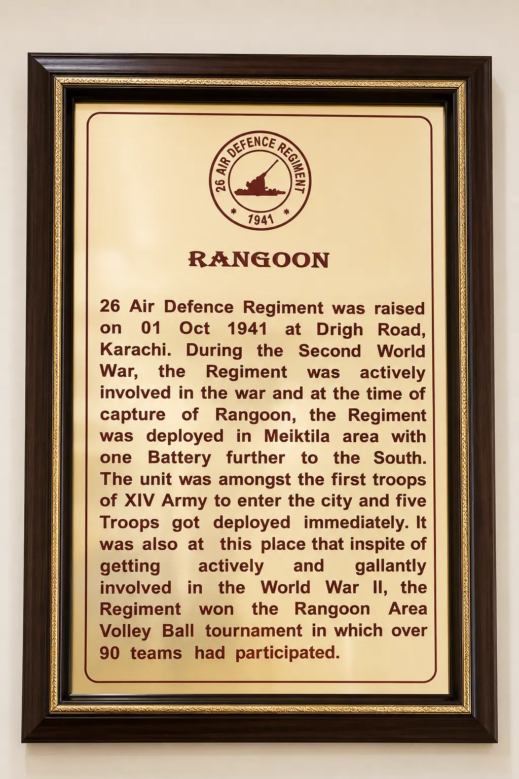 Regiment History Framed Gold Board